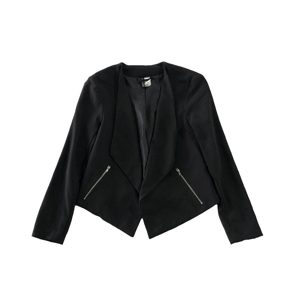 H&M Divided Womens Size 10 Black Zipper Pockets Cropped Open Front Blazer